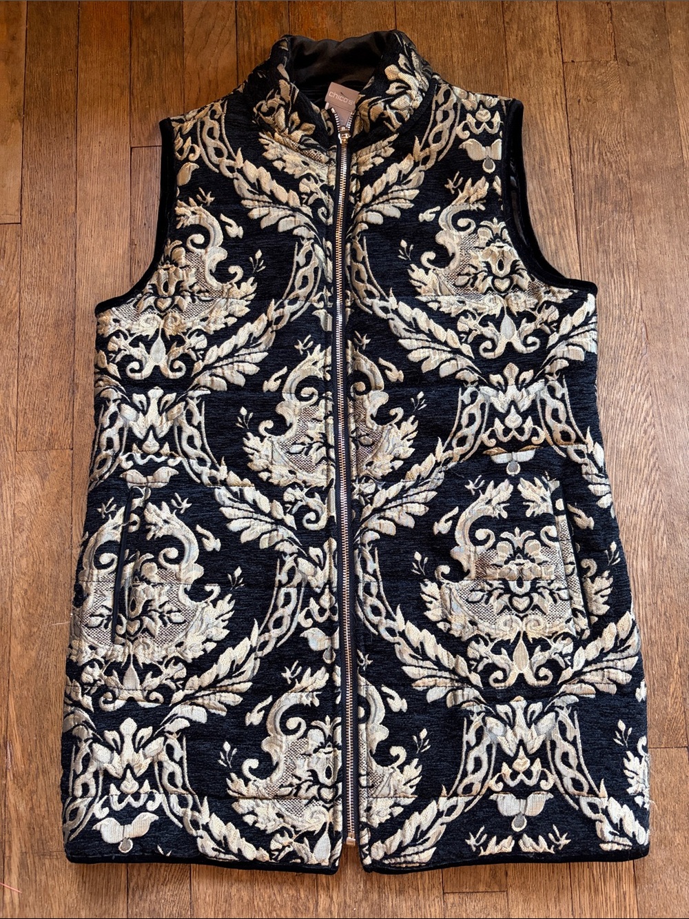 Chico's Black and Gold Jacquard Floral Velvet Quilted Reversible Vest